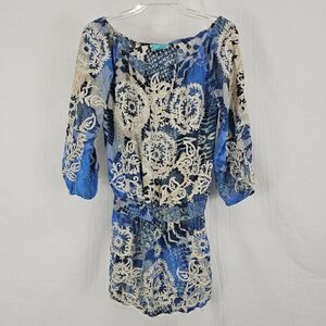 Taj By Sabrina Crippa Blue Snake Print Mini Dress Off The Shoulder Women's Med